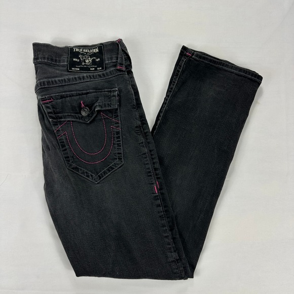 True Religion Ricky Relaxed Straight Jeans Black Pink Stitch‎ Denim 33
